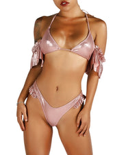 Pink Metallic Two Piece Ruffles Swimwear Areous