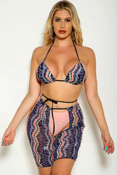 Pink Multi Halter Two Tone Mesh Cover Up Three Piece Swimsuit Areous