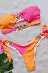 Pink Orange Rhinestone Gem Ribbed Bandeau 2 Pc Bikini Areous