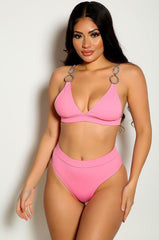 Pink Rhinestone Accent Two Piece Swimsuit Areous