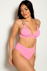 Pink Rhinestone Accent Two Piece Swimsuit Areous