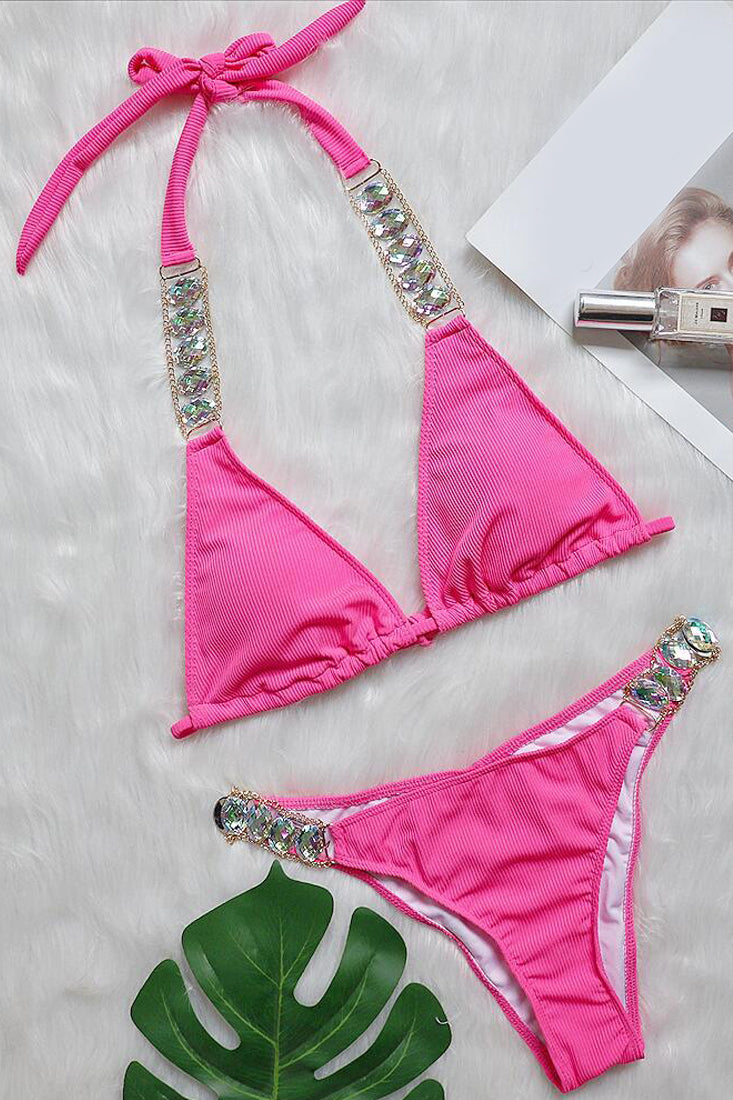 Pink Rhinestone Chain Linked Halter 2 Pc Bikini Set Areous