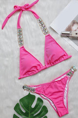 Pink Rhinestone Chain Linked Halter 2 Pc Bikini Set Areous