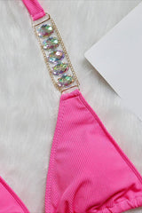 Pink Rhinestone Chain Linked Halter 2 Pc Bikini Set Areous