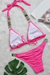 Pink Rhinestone Chain Linked Halter 2 Pc Bikini Set Areous