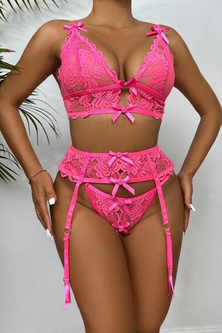 Pink Ribbon Bow Lace V-Neck Lingerie 3 Pc Set Areous