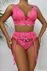 Pink Ribbon Bow Lace V-Neck Lingerie 3 Pc Set Areous