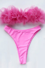 Pink Ruffle Mesh Bandeau & High Waisted Bottom 2 Pc Swimsuit Areous