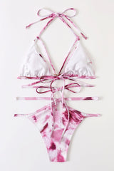 Pink Tie Dye Cut Out Strappy 2 Pc Bikini Set Areous