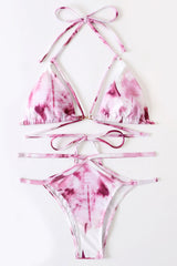 Pink Tie Dye Cut Out Strappy 2 Pc Bikini Set Areous