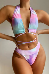 Pink Tie Dye Deep V-Neck Strappy 2 Pc Swimsuit Areous