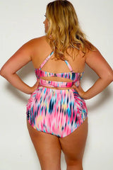 Pink Two Tone Halter High Waist Plus size Two Piece Swimsuit Areous