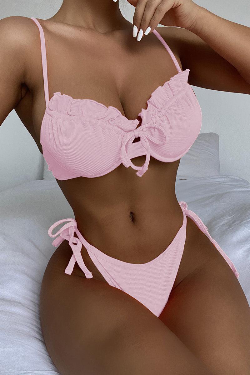 Pink U Underwire Ruffled Two Piece Swimsuit Areous