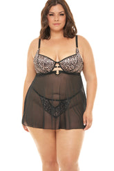 Plus Size Built-In Underwire Bra & Leopard Sheer Mesh Teddy Set Areous