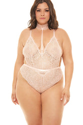 Plus Size Deep V-Plunge Teddy With Attached Lace Choker Areous