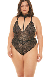 Plus Size Deep V-Plunge Teddy With Attached Lace Choker Areous
