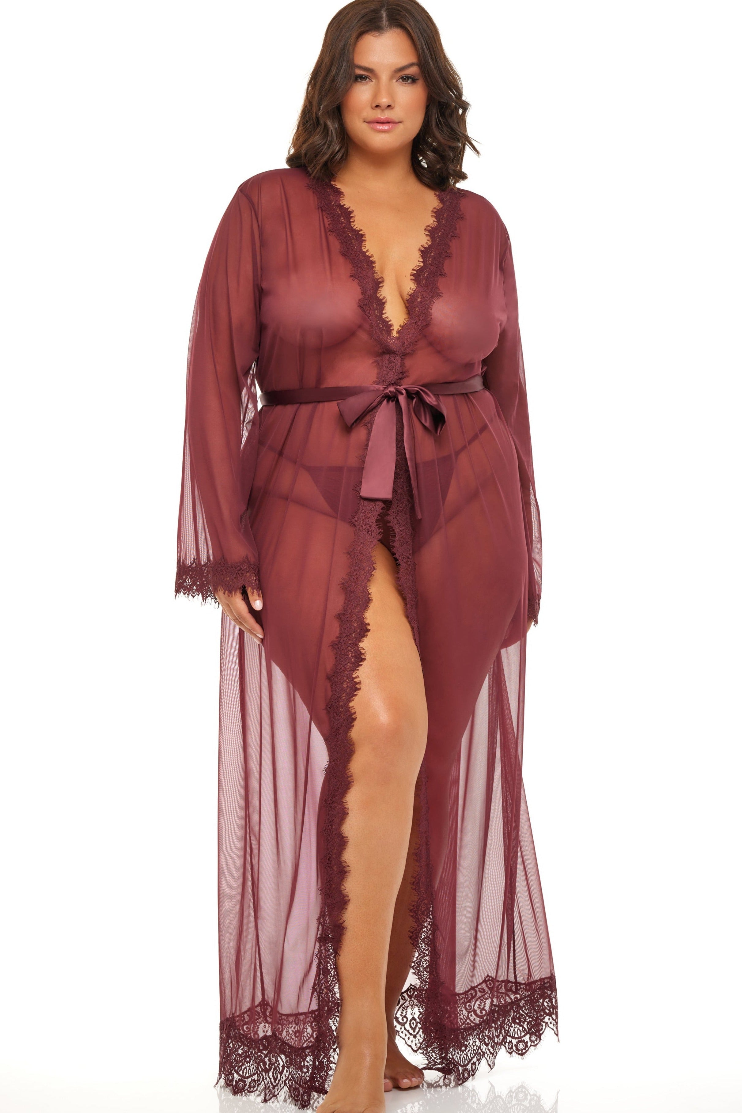 Plus Size Eyelash Lace Floor Length Robe With Satin Sash Areous