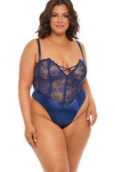 Plus Size Lace & Satin Teddy W/Front Crossing Elastic Detail Areous