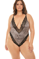 Plus Size Leopard Satin Deep V-Plunge Eyelash Teddy Areous