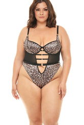 Plus Size Leopard Satin With Mesh Paneling Teddy Areous