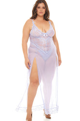 Plus Size Soft Cup Long Gown With Lace Detail Set Areous