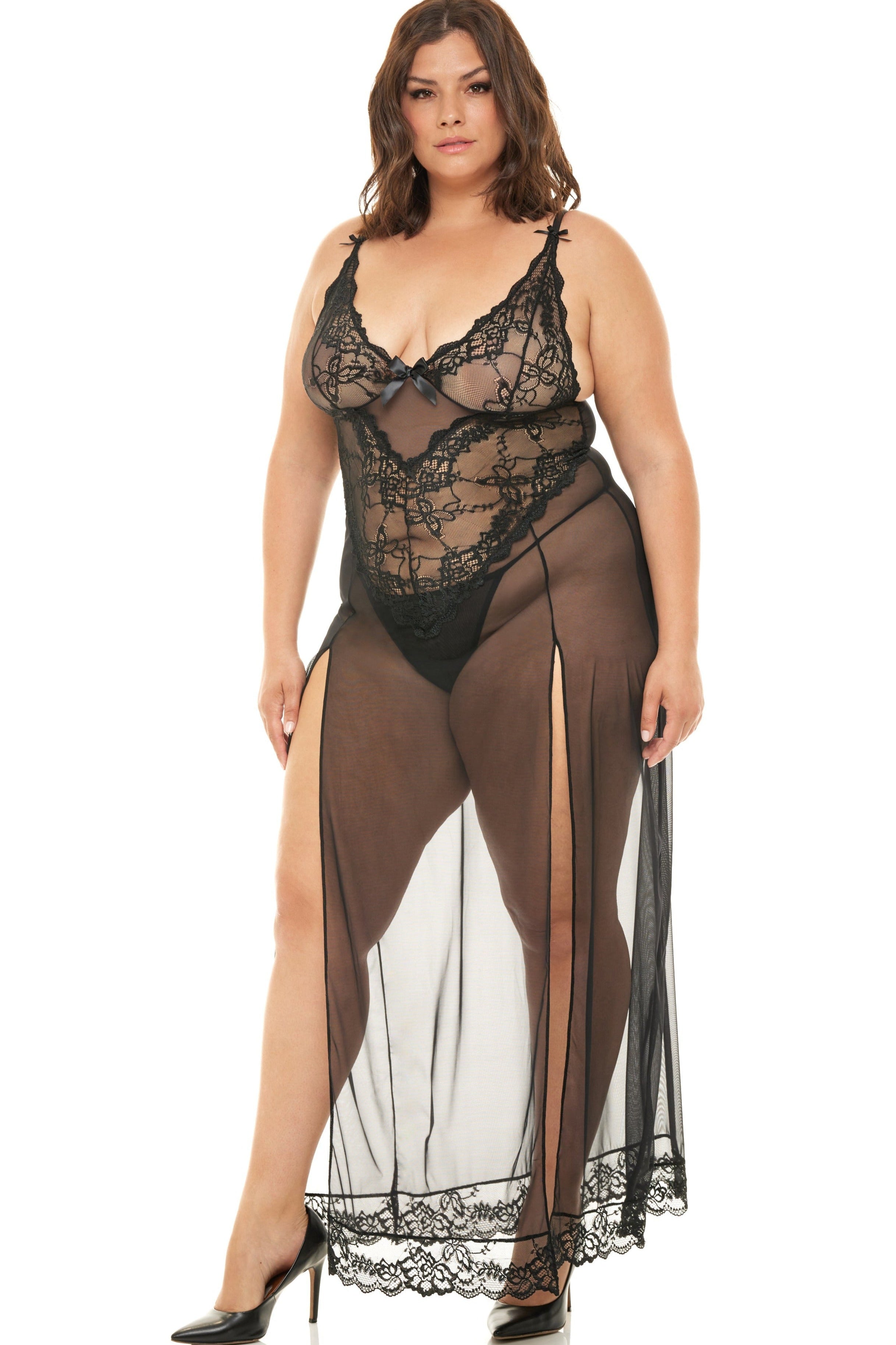 Plus Size Soft Cup Long Gown With Lace Detail Set Areous