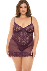 Plus Size Unlined Lace Cup Chemise Set Areous