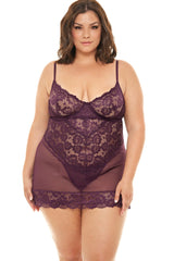 Plus Size Unlined Lace Cup Chemise Set Areous
