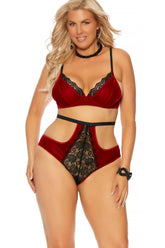 Plus Size Velvet And Lace Set With Underwire Cups Areous