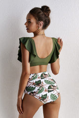 Print Ruffled V-Neck Bikini Areous