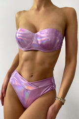 Purple Holographic Strapless Two Piece Swimsuit Areous