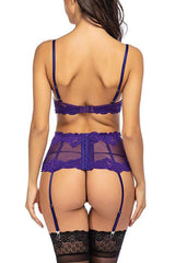 Purple Mesh Embroidered Gartered Three Piece Lingerie Areous