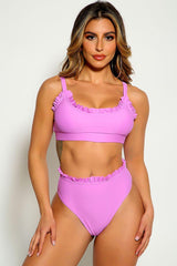 Purple Sleeveless Ruffled Trim Two Piece Swimsuit Areous