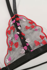Red Black Heart Embroidery Sheer Strappy 2 Pc Lingerie Set Areous