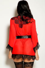Red Black Lace Mesh Belted Robe Areous