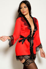 Red Black Lace Mesh Belted Robe Areous