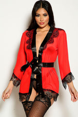Red Black Lace Mesh Belted Robe Areous