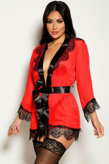 Red Black Lace Mesh Belted Robe Areous