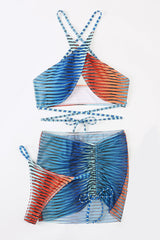 Red Blue Printed Striped Wrap Around Halter 3 Pc Bikini Set Areous