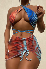 Red Blue Printed Striped Wrap Around Halter 3 Pc Bikini Set Areous