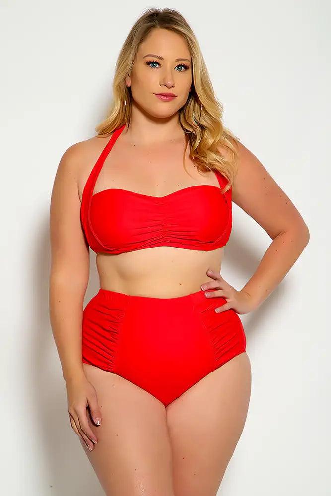 Red Bold Halter Top Ruched High Waist Two Piece Swimsuit Plus Areous