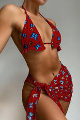 Red Butterfly Print Three Piece Swimsuit Areous