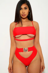 Red Cut Out Padded Two Piece Swimsuit Areous