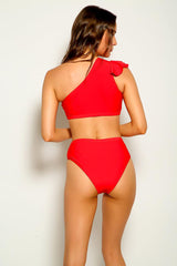 Red Cut Out Ruffled One Shoulder Two Piece Swimsuit Areous