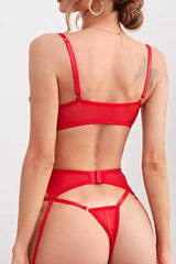 Red Floral Embroidered Mesh 3 Pc Lingerie Set Areous