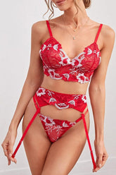 Red Floral Embroidered Mesh 3 Pc Lingerie Set Areous