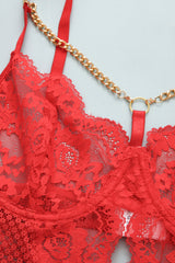 Red Floral Lace Chain Linked Teddy With Garter Straps Areous