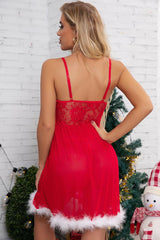 Red Floral Mesh Fuzzy Trim Holiday Slip Dress Areous