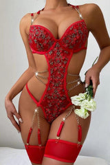 Red Floral Underwire Silver Chain Garter 3 Pc Lingerie Set Areous