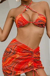 Red Graphic Print Three Piece Swimsuit Areous